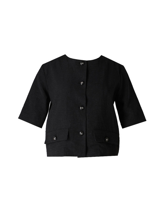 linen-blend 1/2 sleeve crop jacket_black