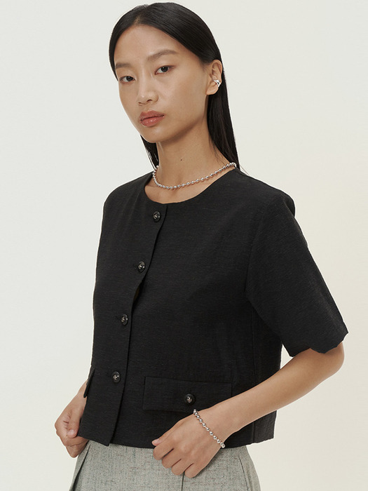 linen-blend 1/2 sleeve crop jacket_black
