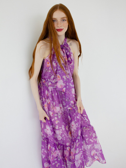 Airy halter long dress (Purple Flower)