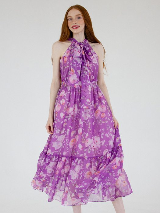 Airy halter long dress (Purple Flower)
