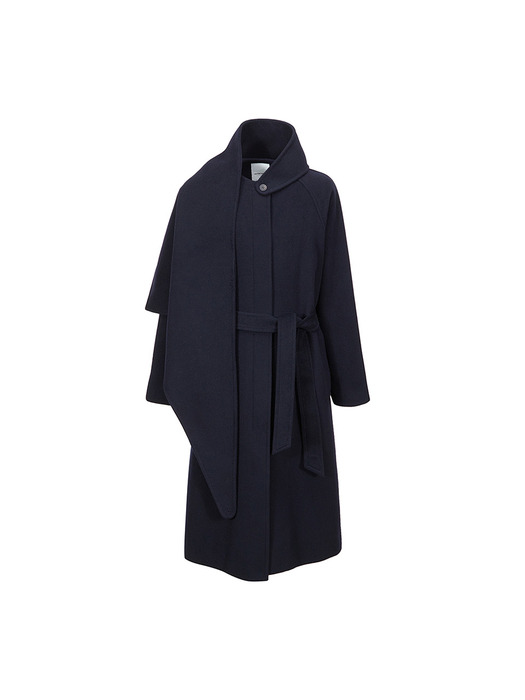 SCARF LAYERED WOOL COAT [NAVY]