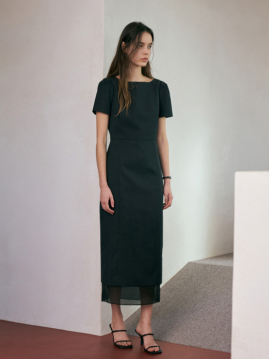 See-through Boat Neck Dress[LMBESPDR4802]-Black