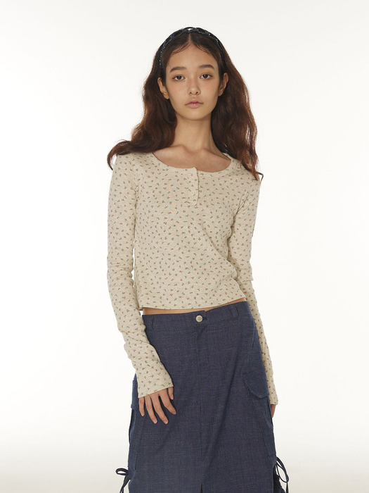 BUTTON SQUARE NECK T - OATMEAL ROSE