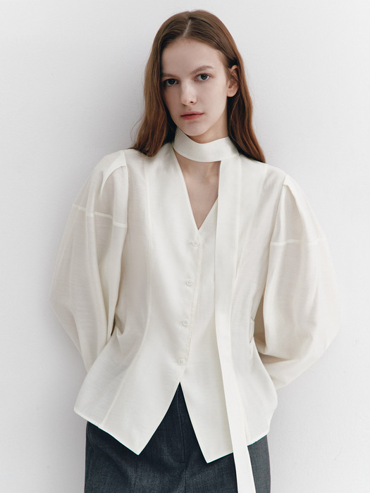 Tie-decorated Puffed sleeve Blouse IVORY