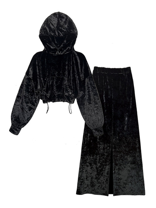 Velvet Crop Hoodie & Slit Skirt Set