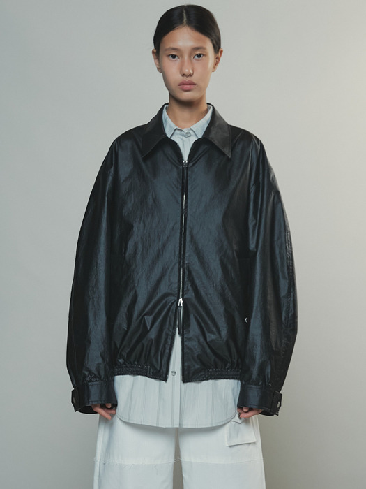 COTTON ZIP-UP BLOUSON JACKET - BLACK