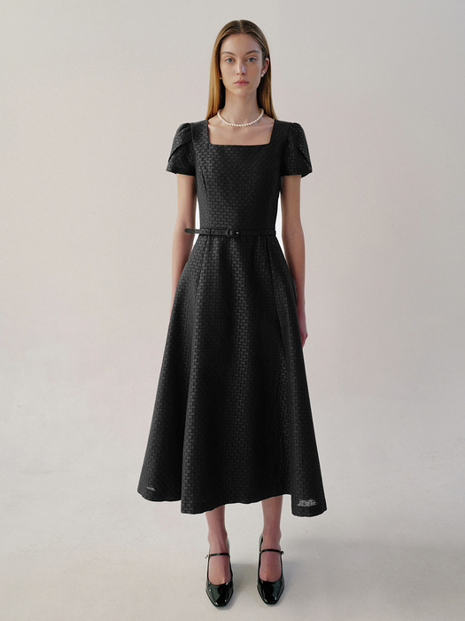 LENNON Square neck silk jacquard flared long dress (Black)