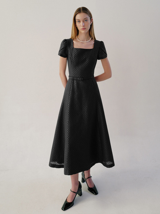 LENNON Square neck silk jacquard flared long dress (Black)