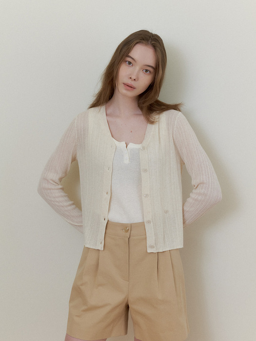 V NECK LINEN CARDIGAN - Oatmeal