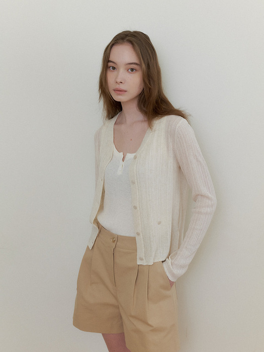 V NECK LINEN CARDIGAN - Oatmeal