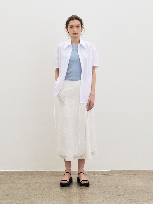 Sequin pleats layered long skirt - White