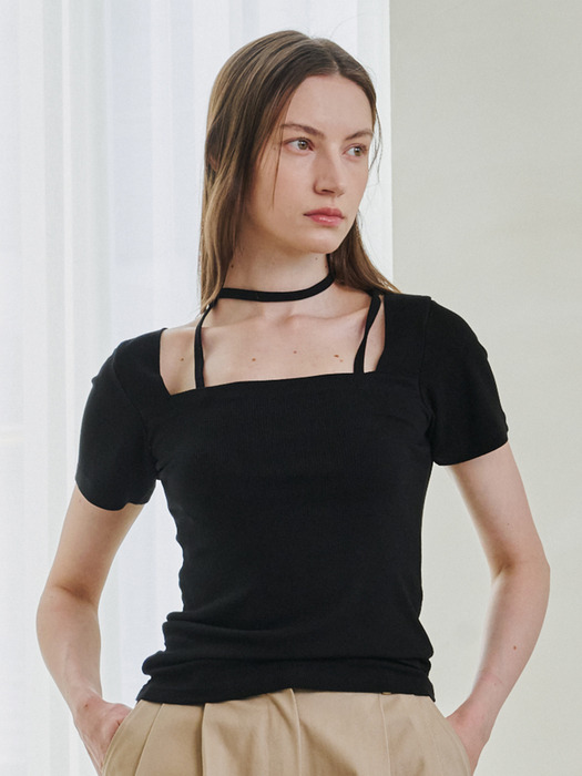 Square Neck Half Sleeve Tie T-Shirts - Black