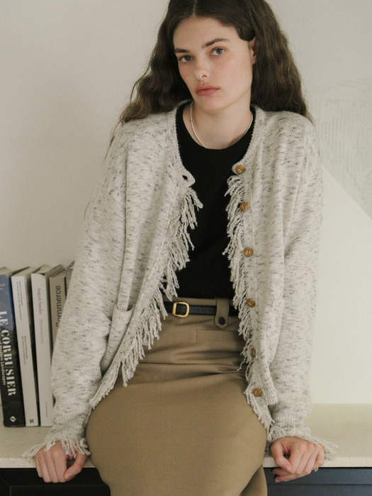 U Wool Fringe Detail Cardigan_Vanilla