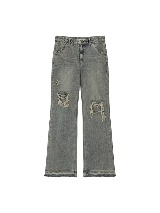 SEMI BOOTS CUT DAMAGE DENIM PANTS IN LIGHT BLUE