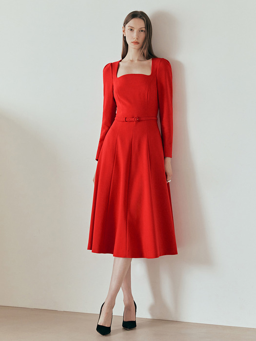 PENELOPE Square neck flared dress (Charcole gray/Scarlet red)