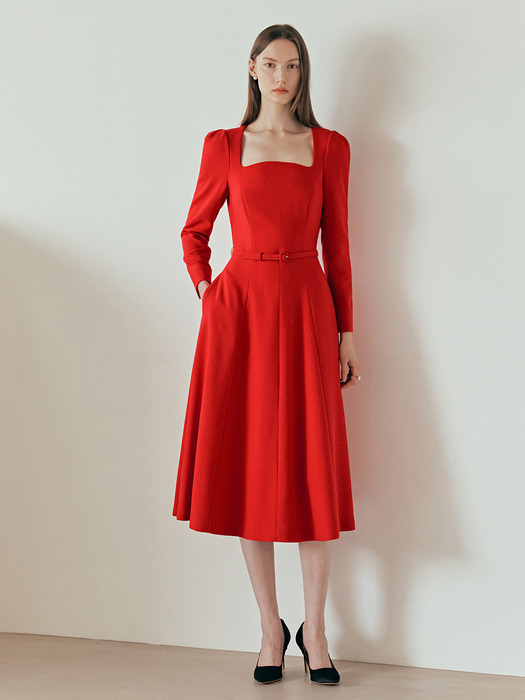 PENELOPE Square neck flared dress (Charcole gray/Scarlet red)