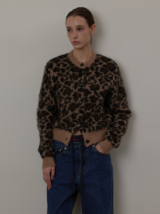 Angora Leopard Jacquard Knit Cardigan