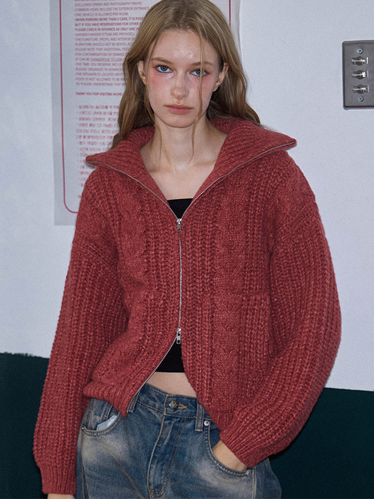 Two-way Twist Knit Zip-up [Brick Red]