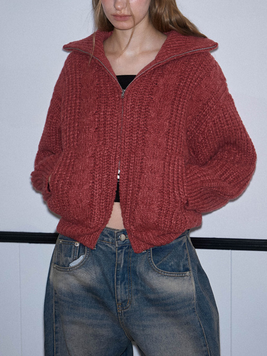 Two-way Twist Knit Zip-up [Brick Red]