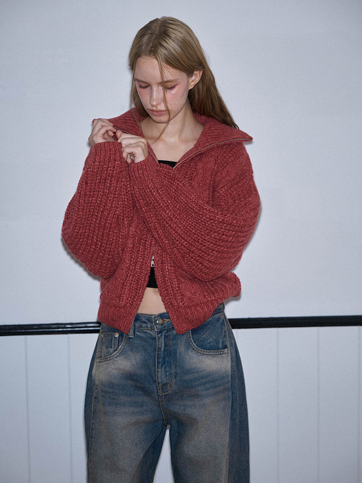 Two-way Twist Knit Zip-up [Brick Red]