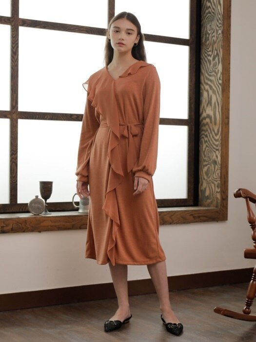 CHIFFON COLLAR ONE-PIECE_BROWN