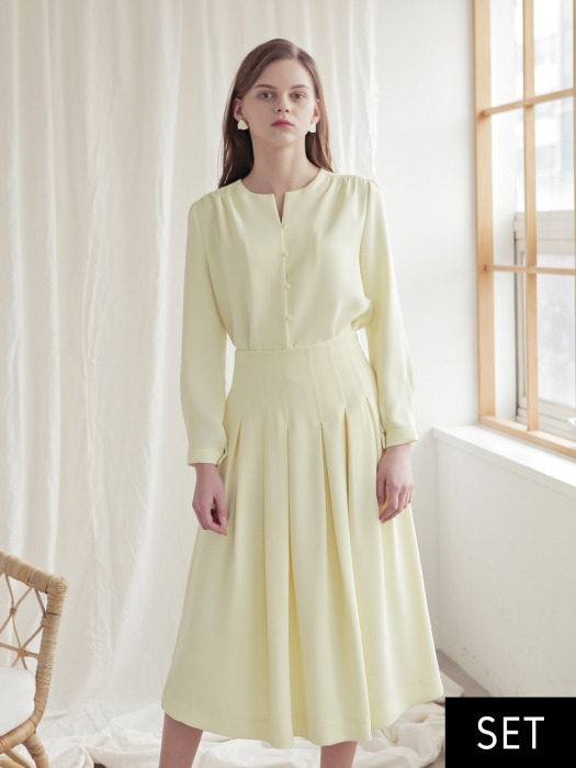 ROUND COLLAR BLOUSE+TUCKED A-LINE SKIRT SET (YELLOW)