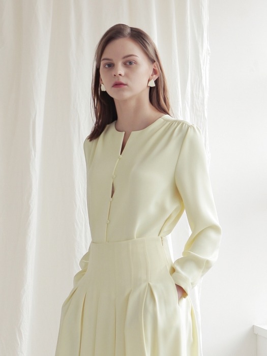 ROUND COLLAR BLOUSE+TUCKED A-LINE SKIRT SET (YELLOW)