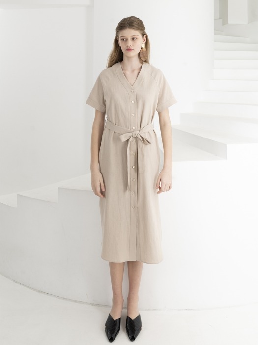 LINEN FRONT BUTTON DRESS . BEIGE