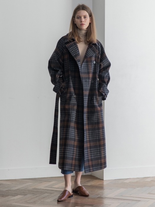 Wool Check Long Trenchcoat