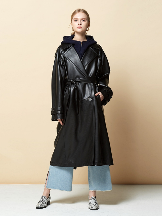 OVERSIZE BUTTON POINT ECO TRENCH COAT BLACK