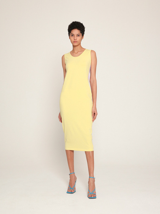 color blocking cotton strech sleeveless dress in Yellow and Lilac