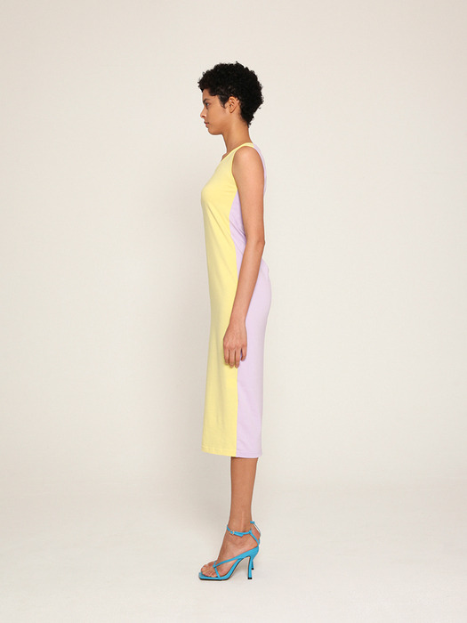color blocking cotton strech sleeveless dress in Yellow and Lilac