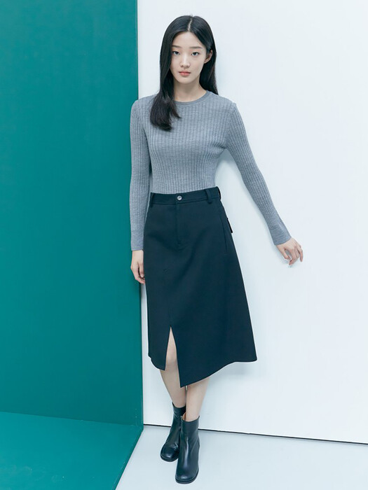 Front Slit Unbalance Skirt - Black (KE0927M035)