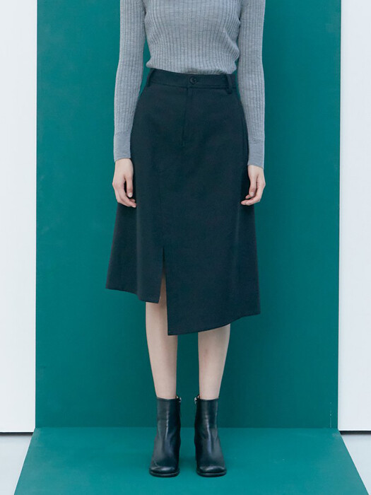Front Slit Unbalance Skirt - Black (KE0927M035)