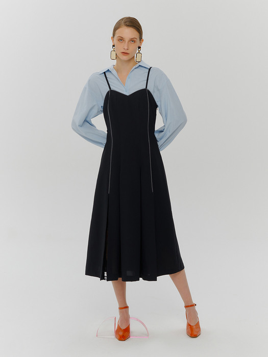 Slip Pintuck Stitch Lace Dress, Black