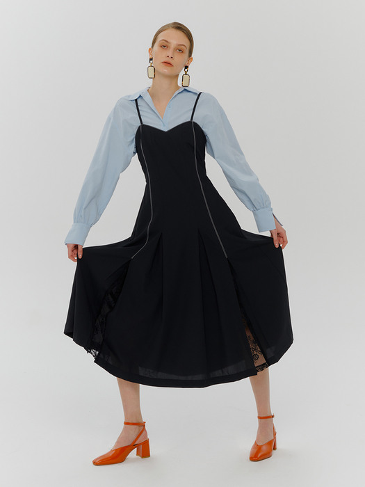 Slip Pintuck Stitch Lace Dress, Black