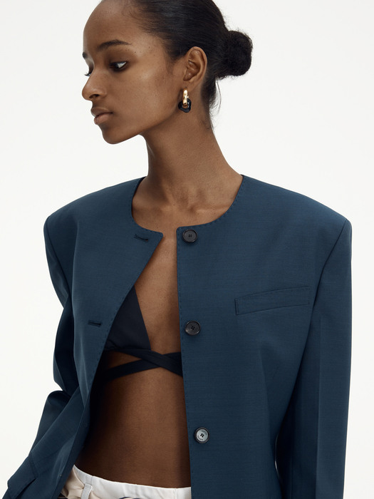 BUTTONED COLLARLESS JACKET (SLATE BLUE)