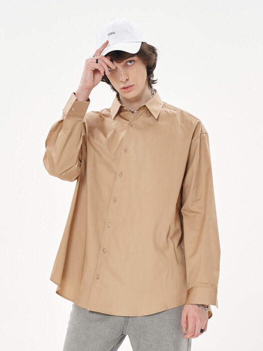OVER FIT EMBROIDERY SILKET BASIC BROWN SHIRT