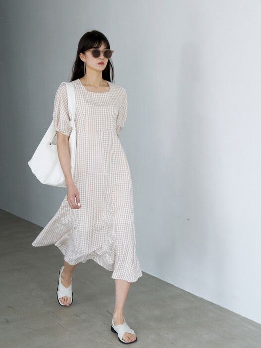 21 Summer_ Beige Gingham Check Balloon Sleeve Dress