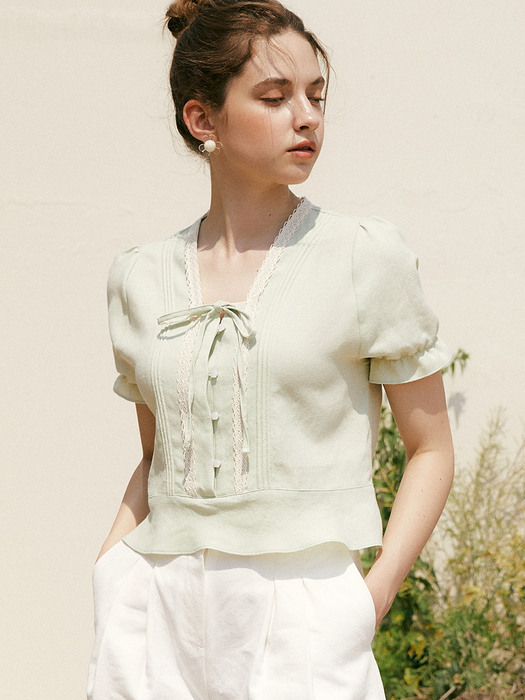 monts 1333 piping cropped flare blouse (pale green)