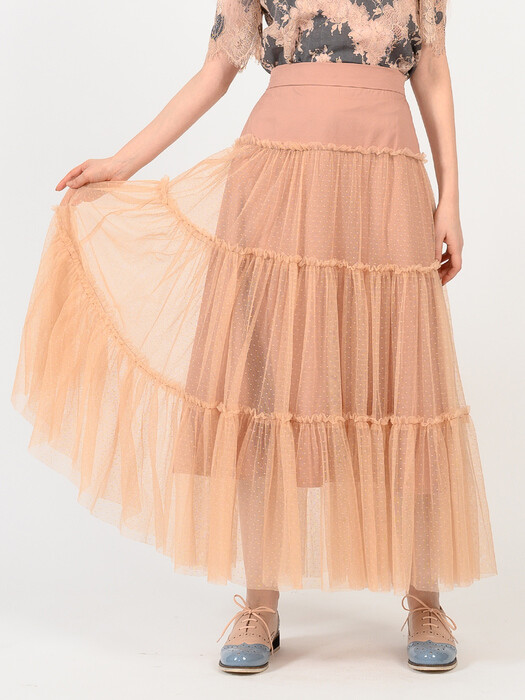 pink katiacho COTTON TULLE LONG SKIRT FOUNDATION BEIGE