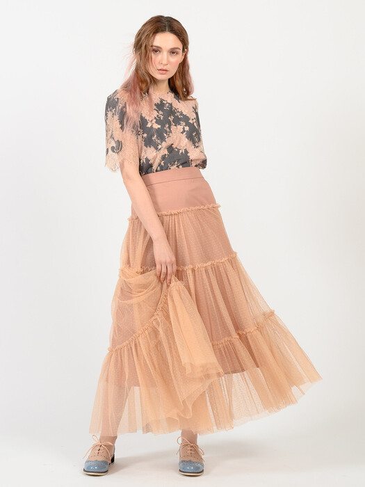 pink katiacho COTTON TULLE LONG SKIRT FOUNDATION BEIGE