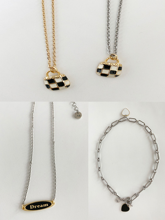 [3SET]Twin heart necklace (Silver)+Dream necklace (Silver)+Checkerboard bag necklace (2color)