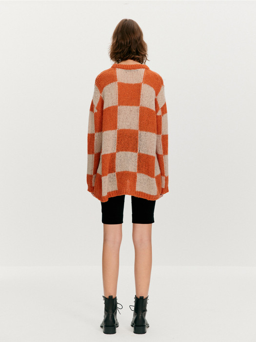 WOOL BLEND CHECKER BOARD SWEATER, ORANGE