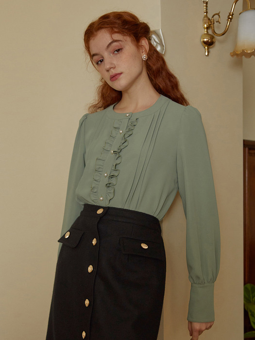 OLIVE FRILL PINTUCK BLOUSE