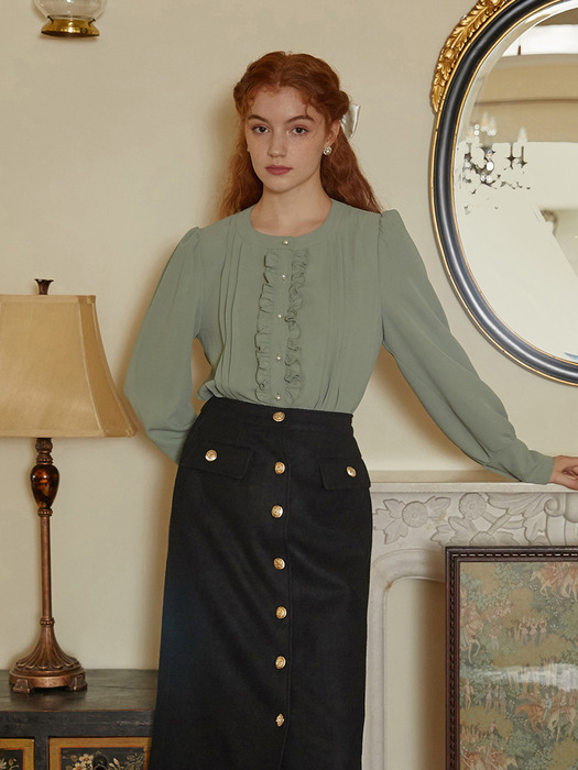 OLIVE FRILL PINTUCK BLOUSE