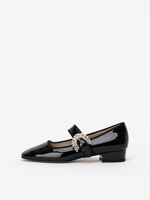 Cleo Velvet Maryjane Flat Shoes in Black Patent