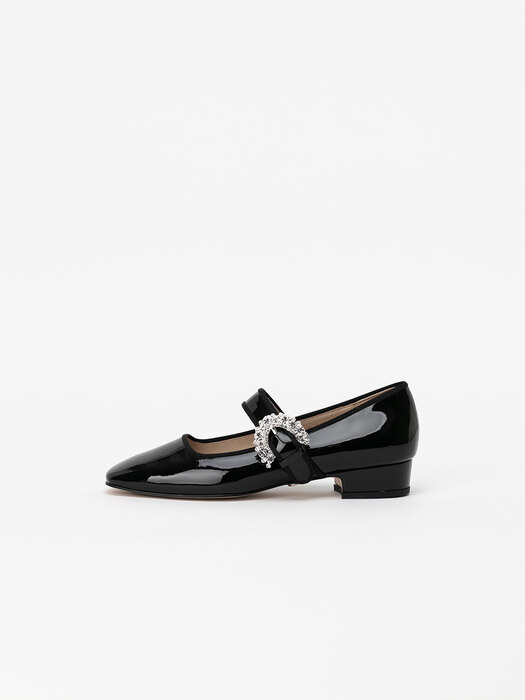 Cleo Velvet Maryjane Flat Shoes in Black Patent