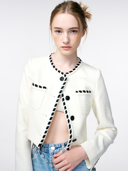 Trimmed Tweed Jacket, Ivory