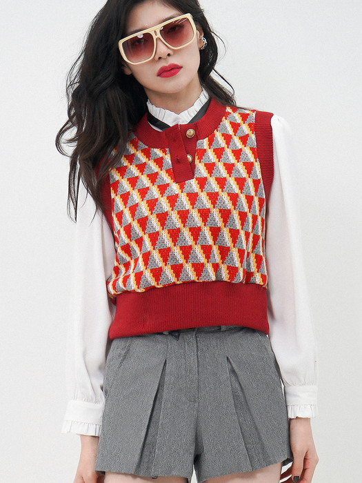 Geometric-Jacquard Cropped Sweater Vest(Red)_UTW-FC17 